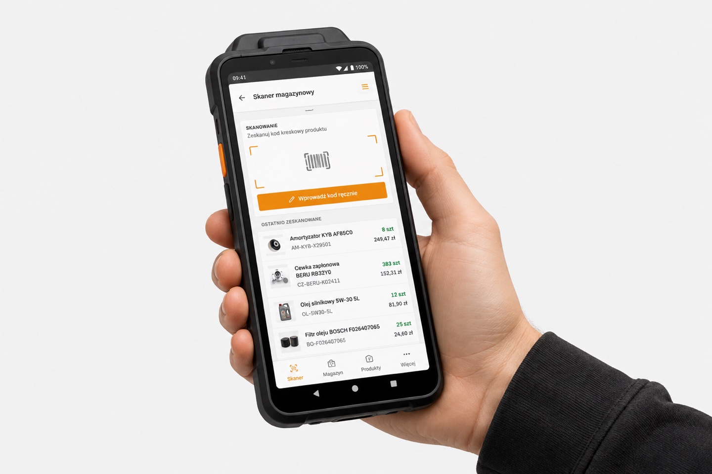 Ordify Mobile na kolektorze danych: skaner kodów kreskowych i lista ostatnio zeskanowanych produktów ze stanami
