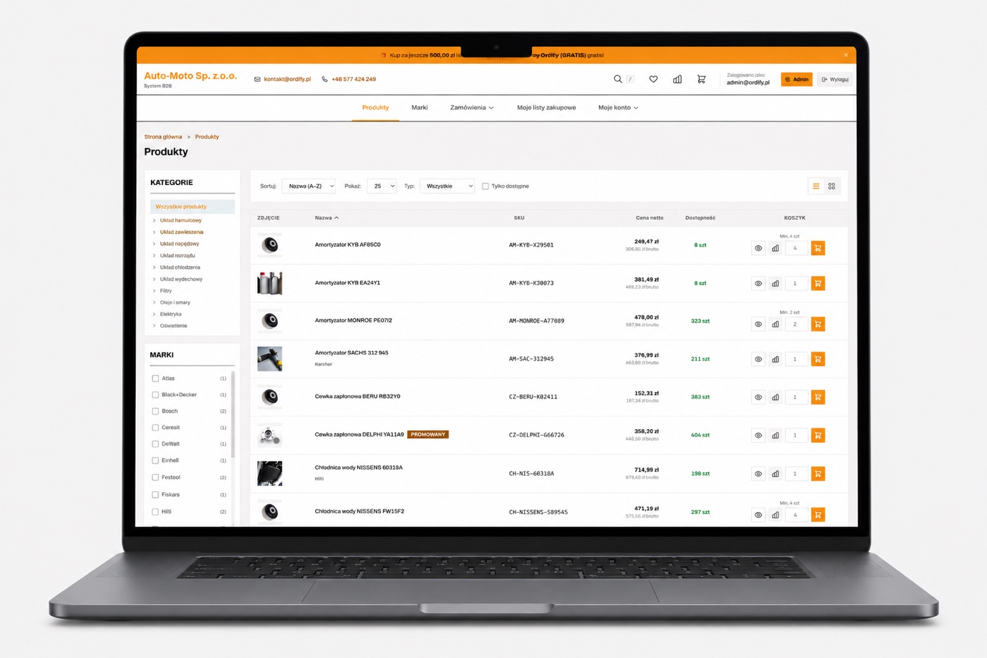 Lista produktów w portalu B2B: kategorie, marki, SKU, ceny netto i brutto, dostępność i minimalna ilość zamówienia
