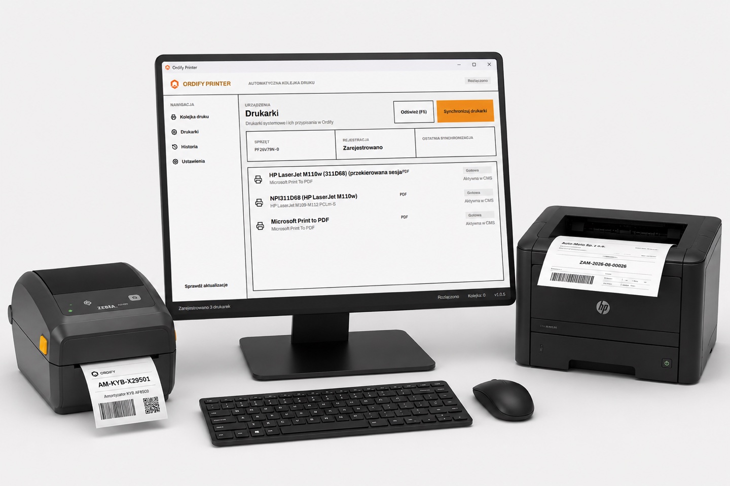 Ordify Printer: lista zarejestrowanych drukarek ze statusem, obok drukarka etykiet z etykietą wysyłkową i drukarka dokumentów