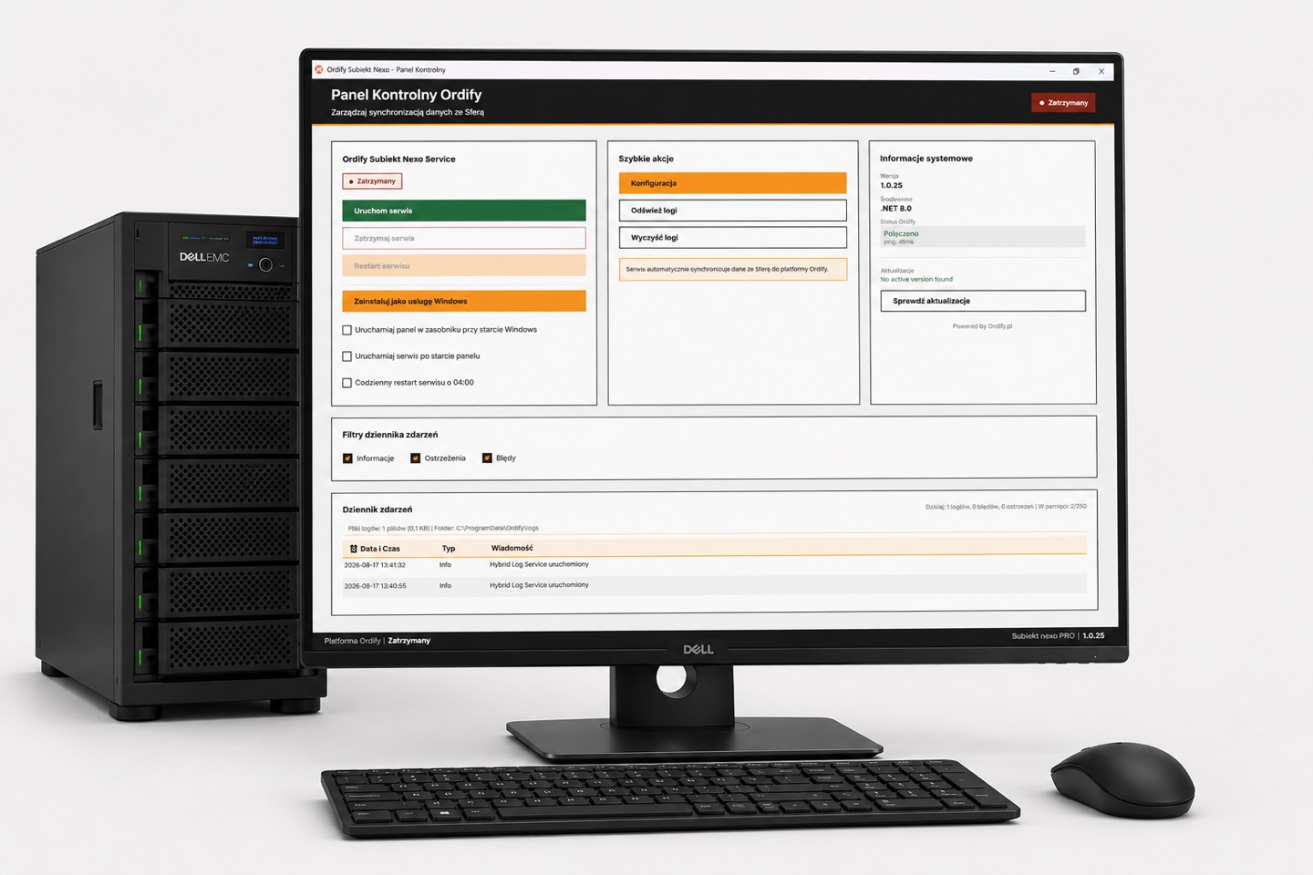 Panel kontrolny konektora ERP: status usługi synchronizacji, informacje systemowe i dziennik zdarzeń