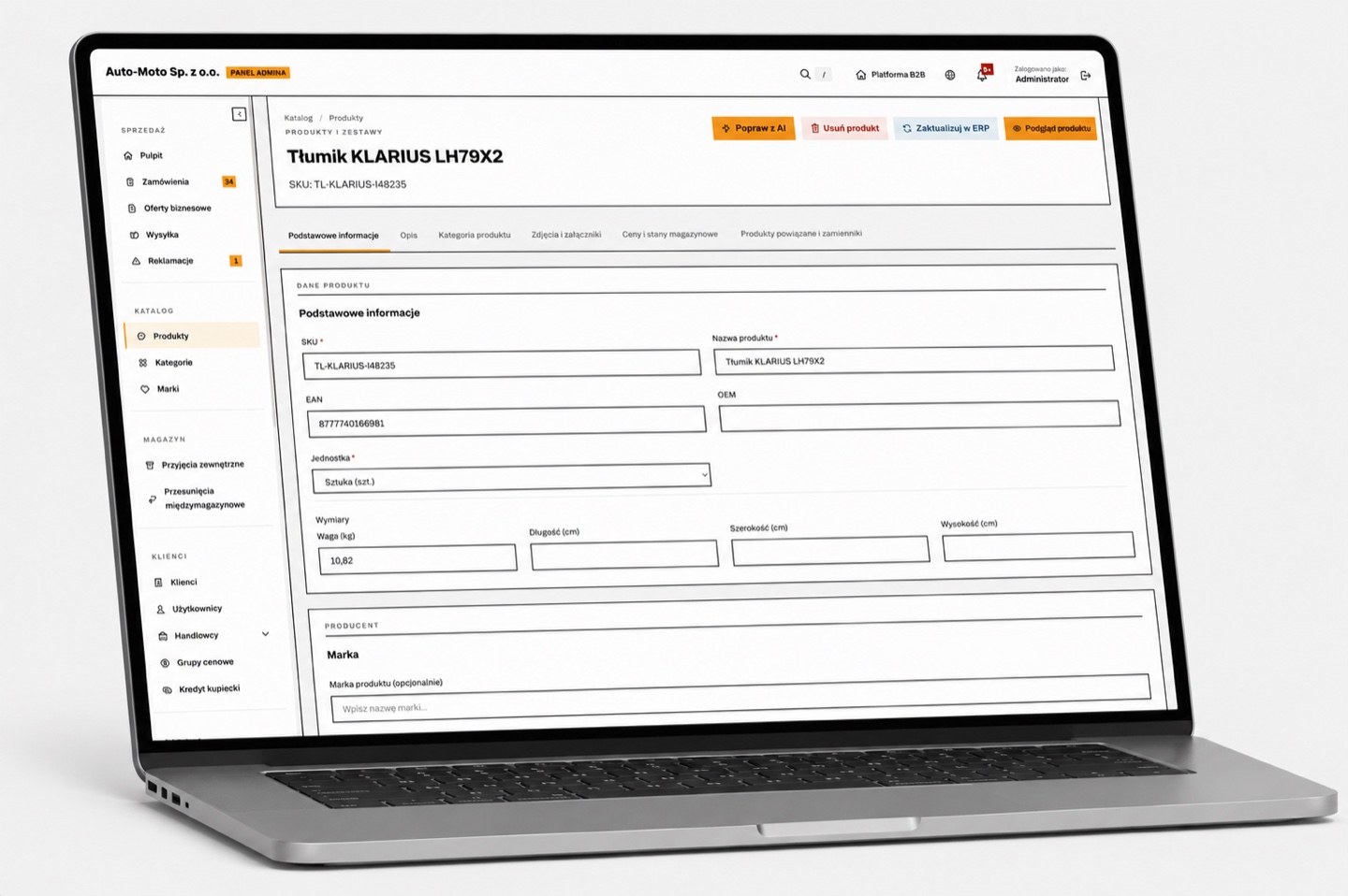 Karta produktu w panelu Ordify: kod SKU, EAN, jednostka, wymiary i waga, obok przyciski poprawy opisu przez AI i aktualizacji w ERP